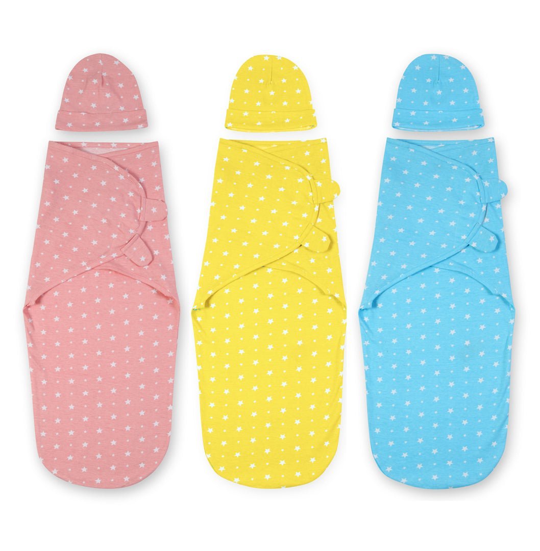 Blue Pink and Yellow Star 3 PC Kids Cotton Baby Swaddle Set