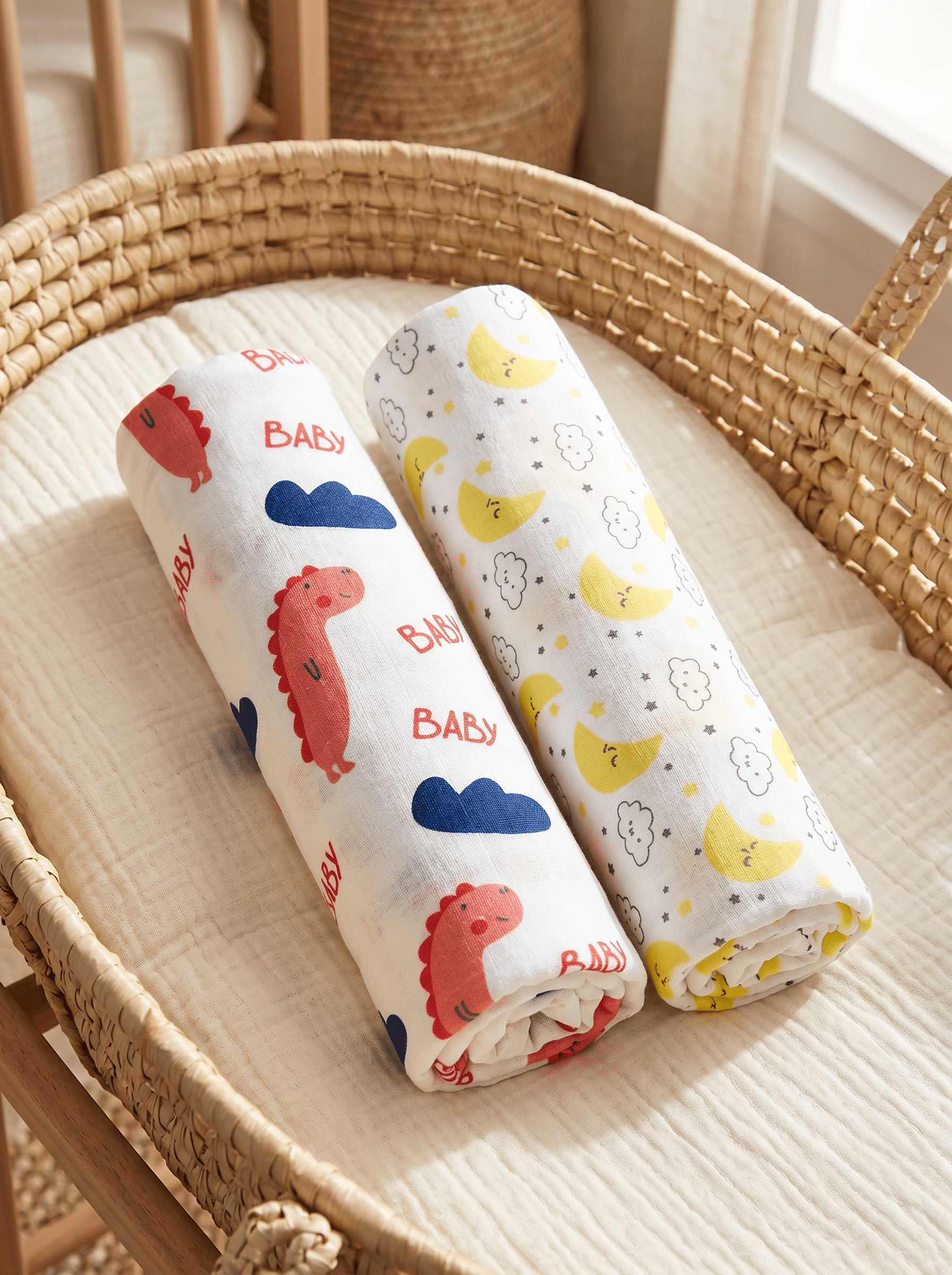 Baby Dino & Moon And Stars 2 PC Cotton Muslin Swaddle Wrap