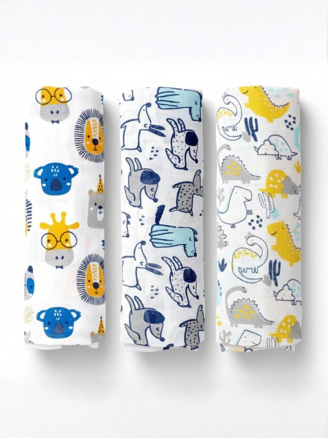 Cute Puppy Dino Forest 3 PC Cotton Muslin Baby Swaddle Blanket Wrap