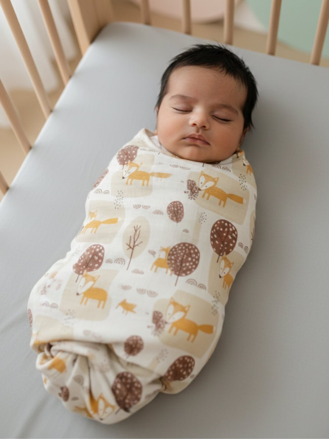 Little Fox Print Cotton Muslin Baby Swaddle Blanket Wrap