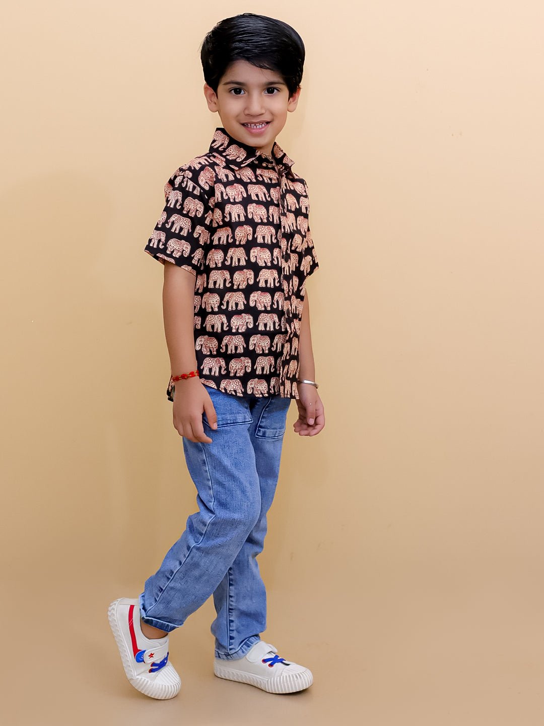 Black Elephant Print Boys Half Sleeve Cotton Shirt