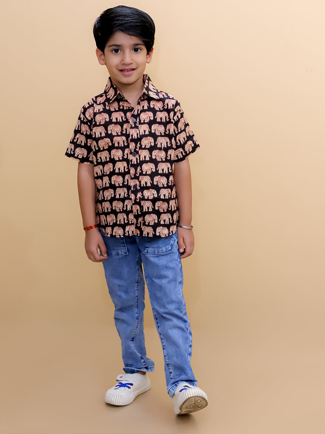 Black Elephant Print Boys Half Sleeve Cotton Shirt