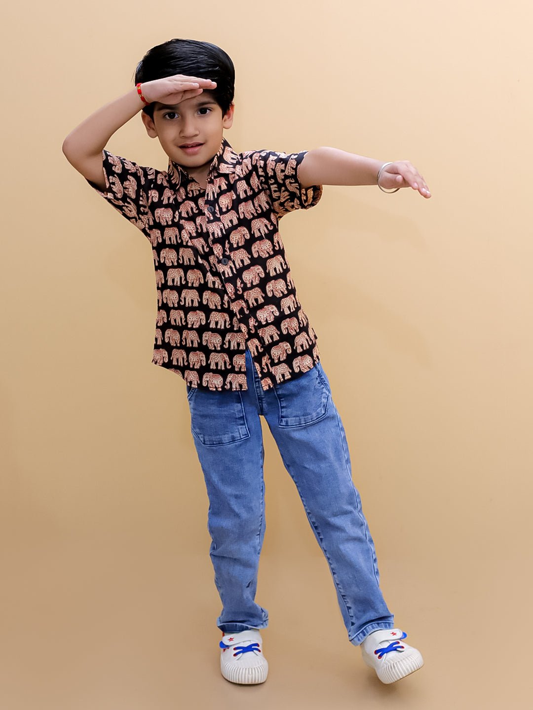 Black Elephant Print Boys Half Sleeve Cotton Shirt
