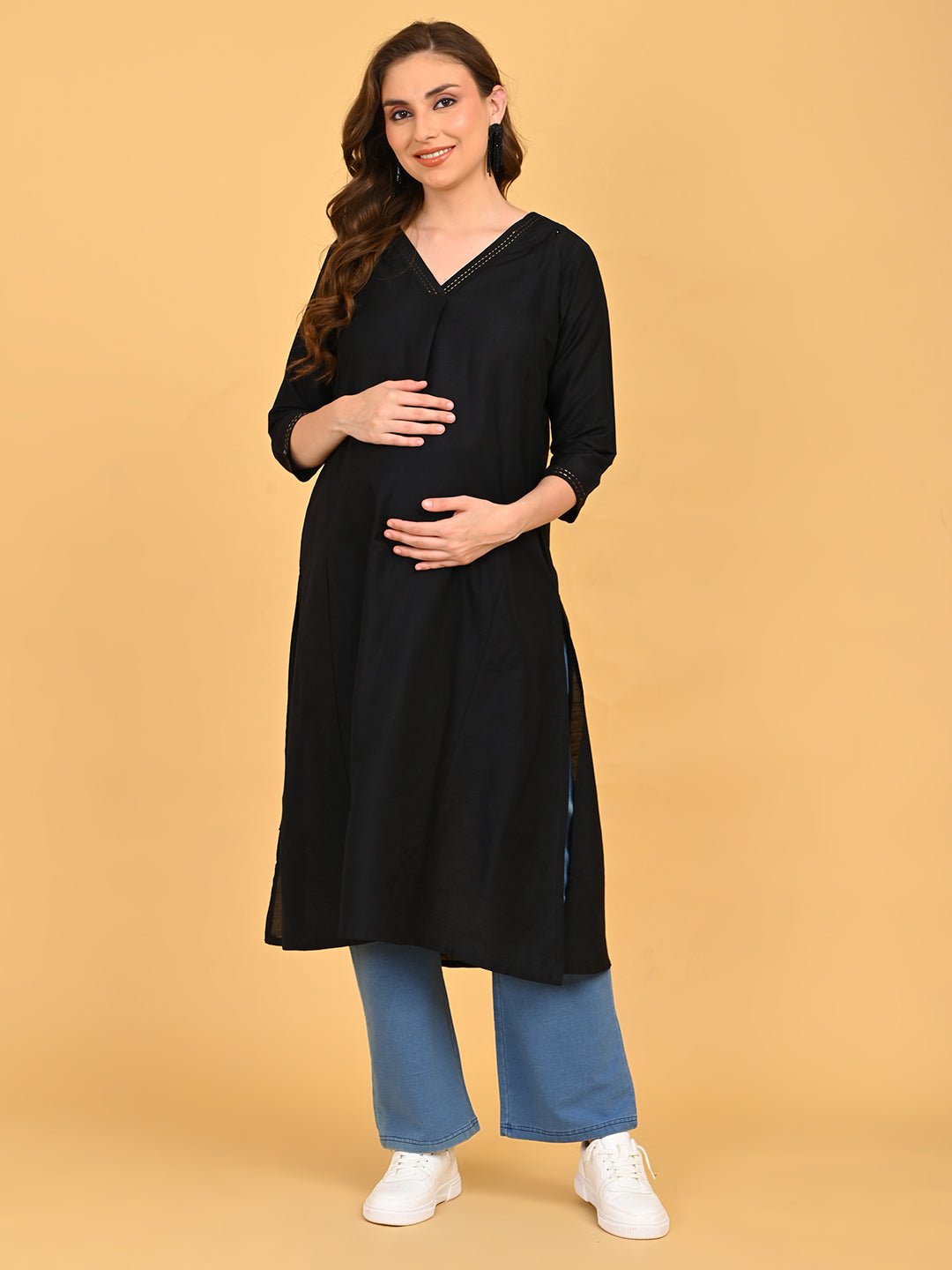 Black Embroidered Maternity and Nursing Silk Kurta Black