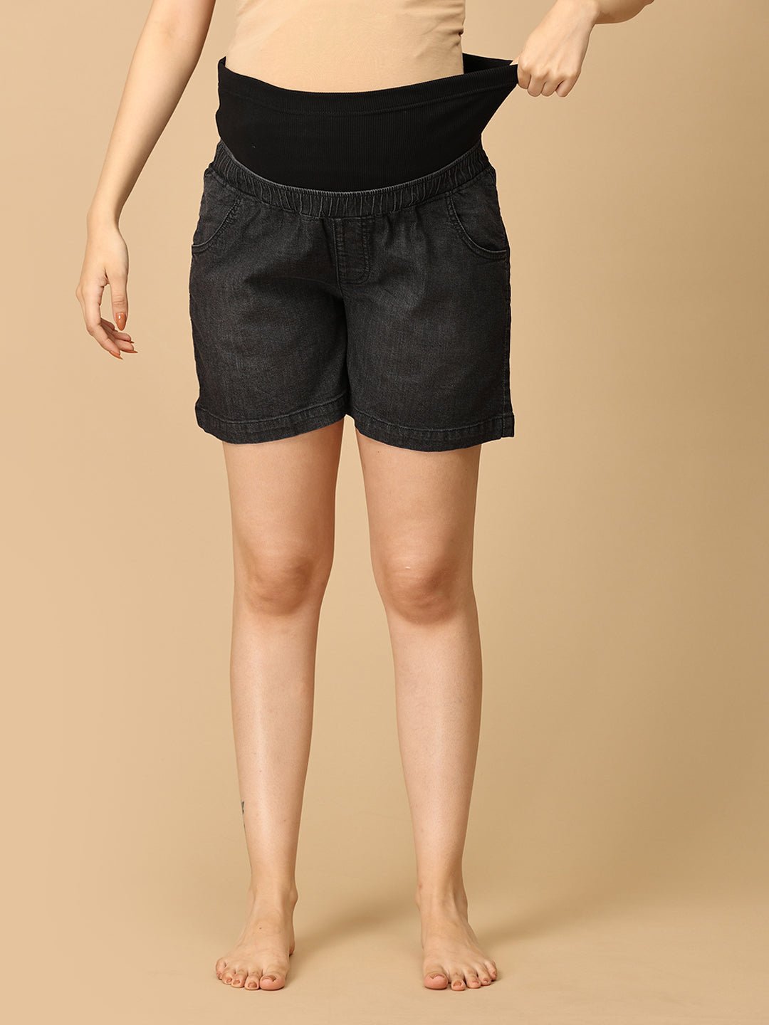 Maternity Denim Shorts with Belly Support Black