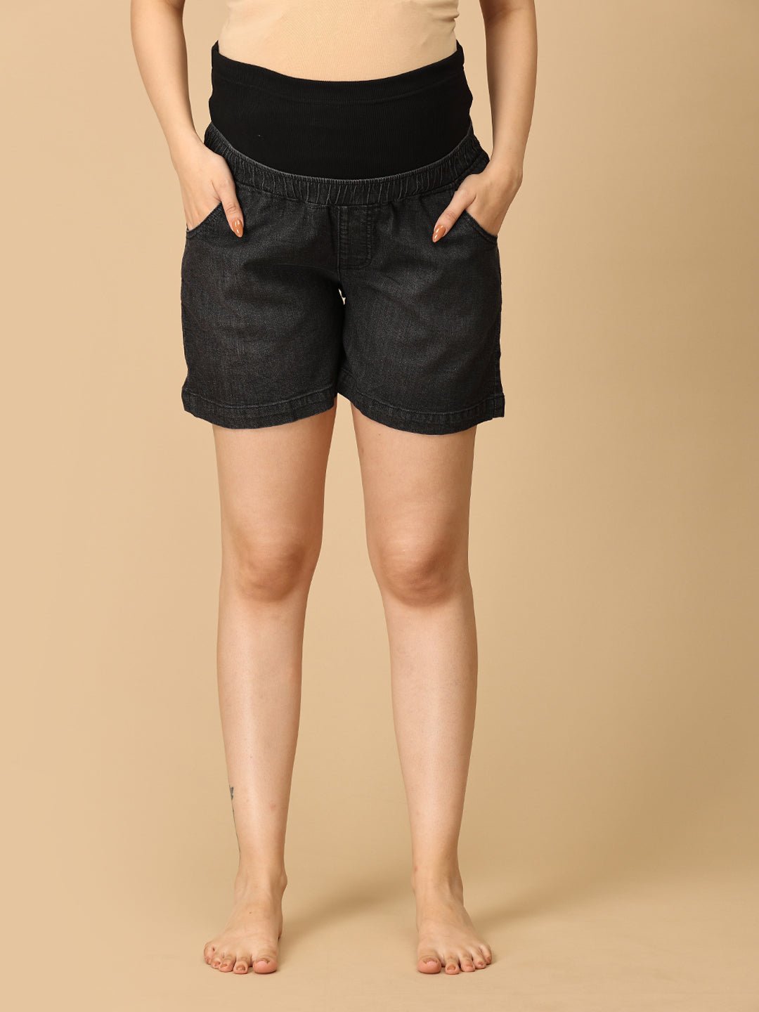 Maternity Denim Shorts with Belly Support Black