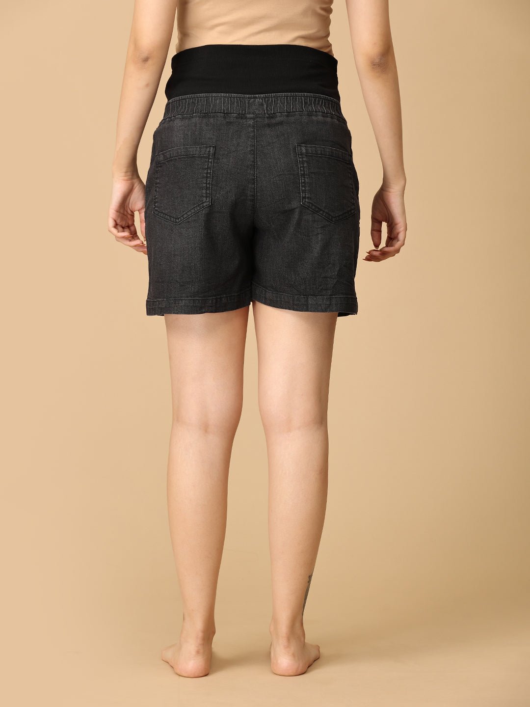 Maternity Denim Shorts with Belly Support Black