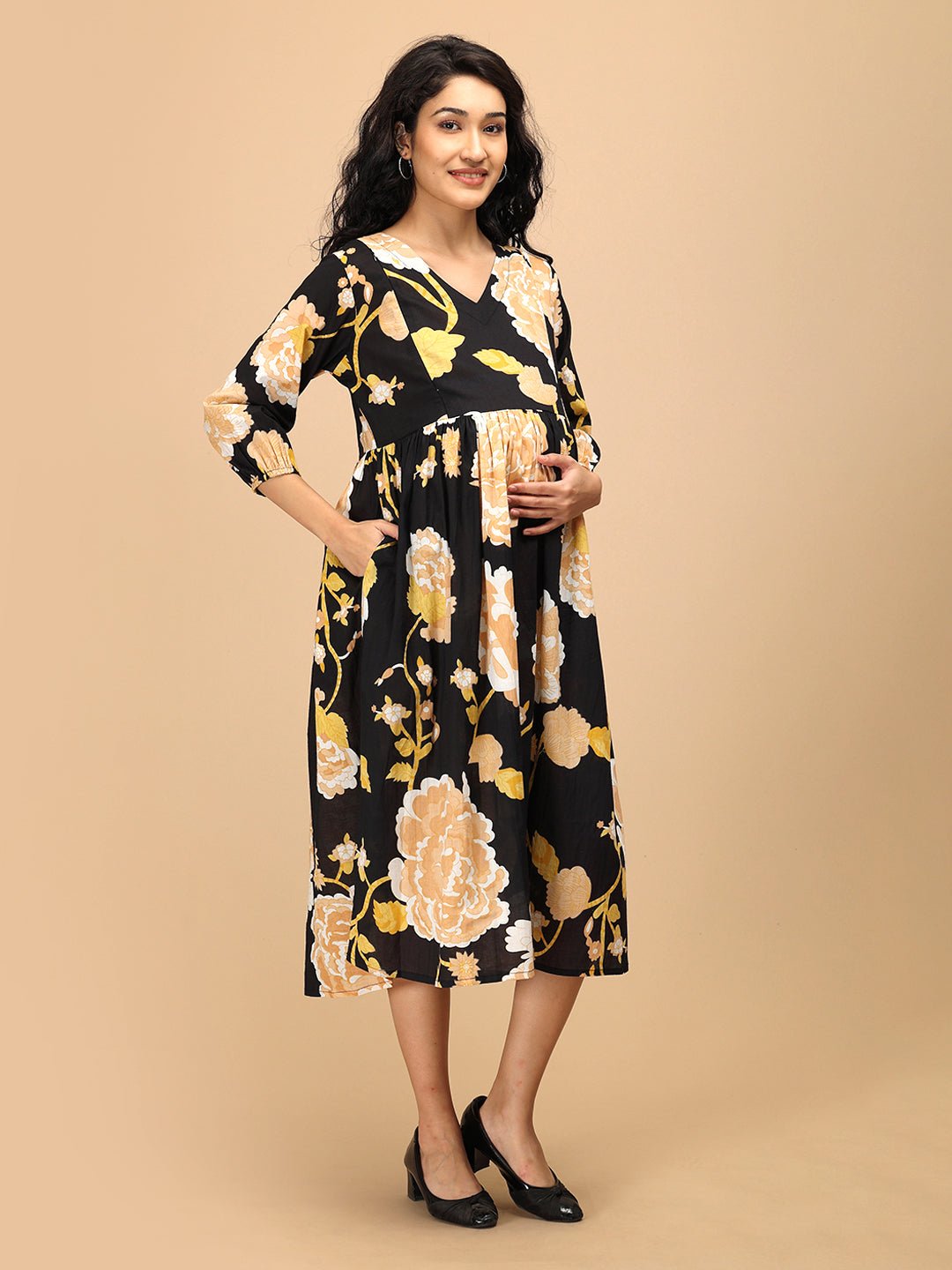 Black Peony Maternity and Nursing Dress Black