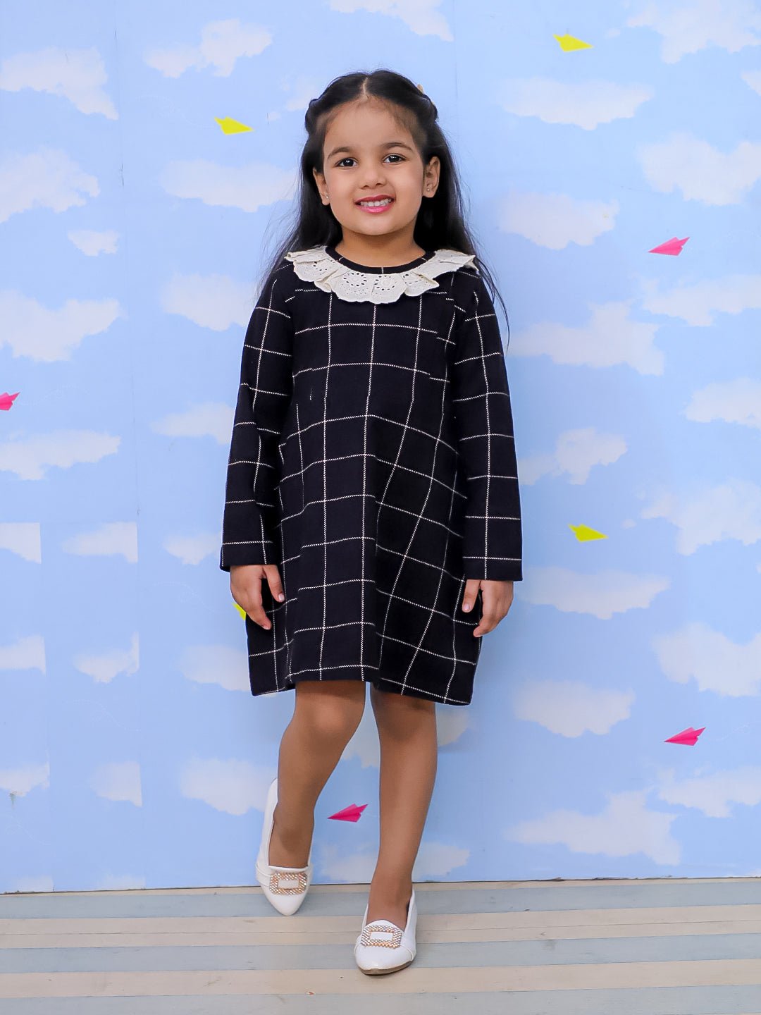 Black Plaid Flannel Girls Winter Dress For Kids