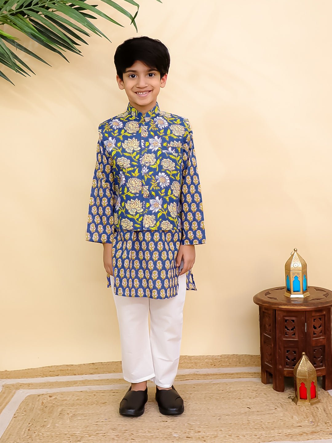 Blaze Blue Boys Jacket And Kurta Pajama Set