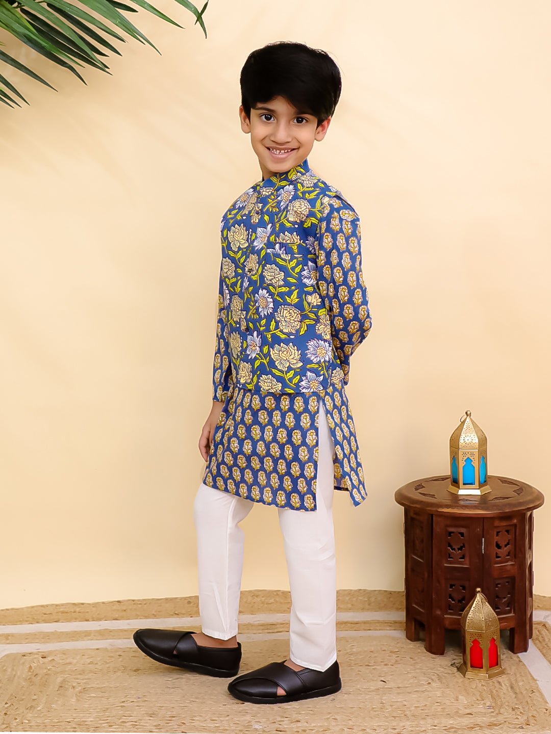 Blaze Blue Boys Jacket And Kurta Pajama Set