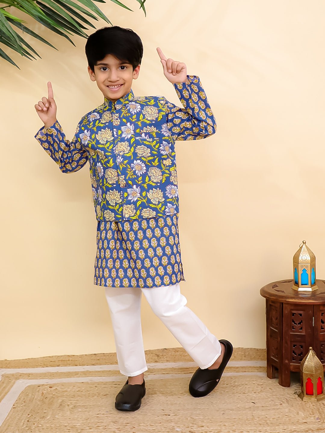 Blaze Blue Boys Jacket And Kurta Pajama Set