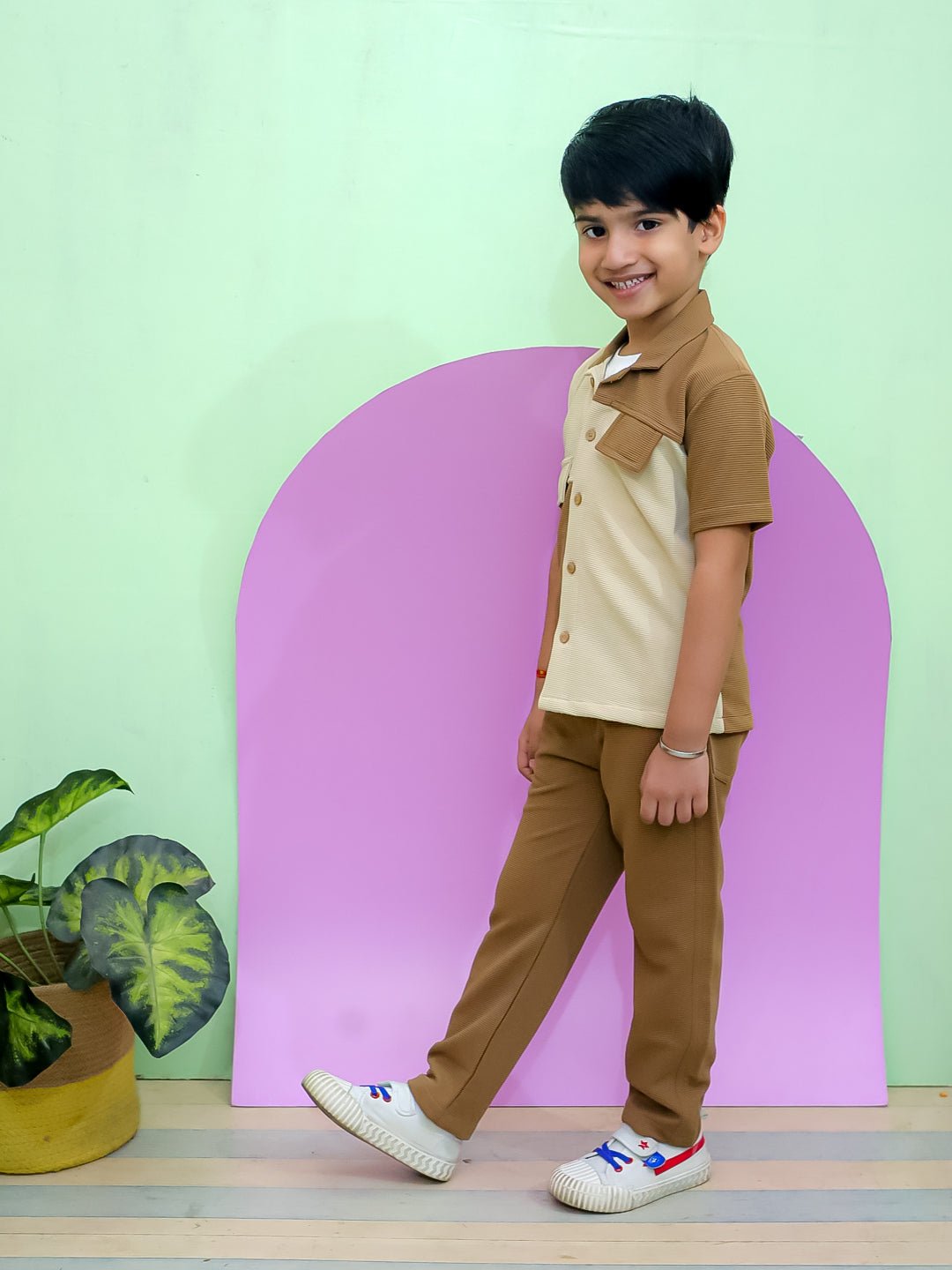 Block & Roll Colorblock Cotton Half Sleeve Shirt And Pants Set For Boys