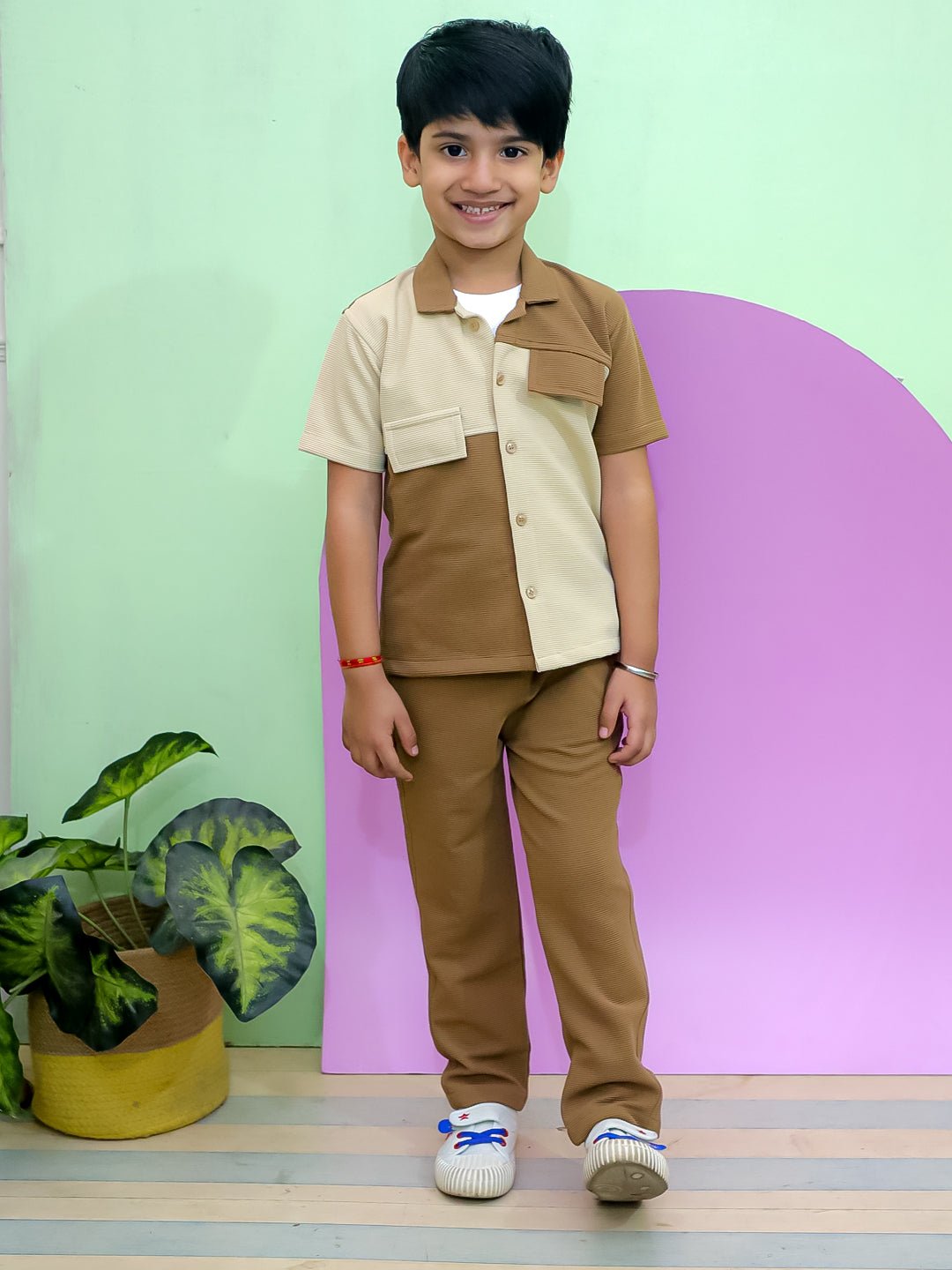 Block & Roll Colorblock Cotton Half Sleeve Shirt And Pants Set For Boys