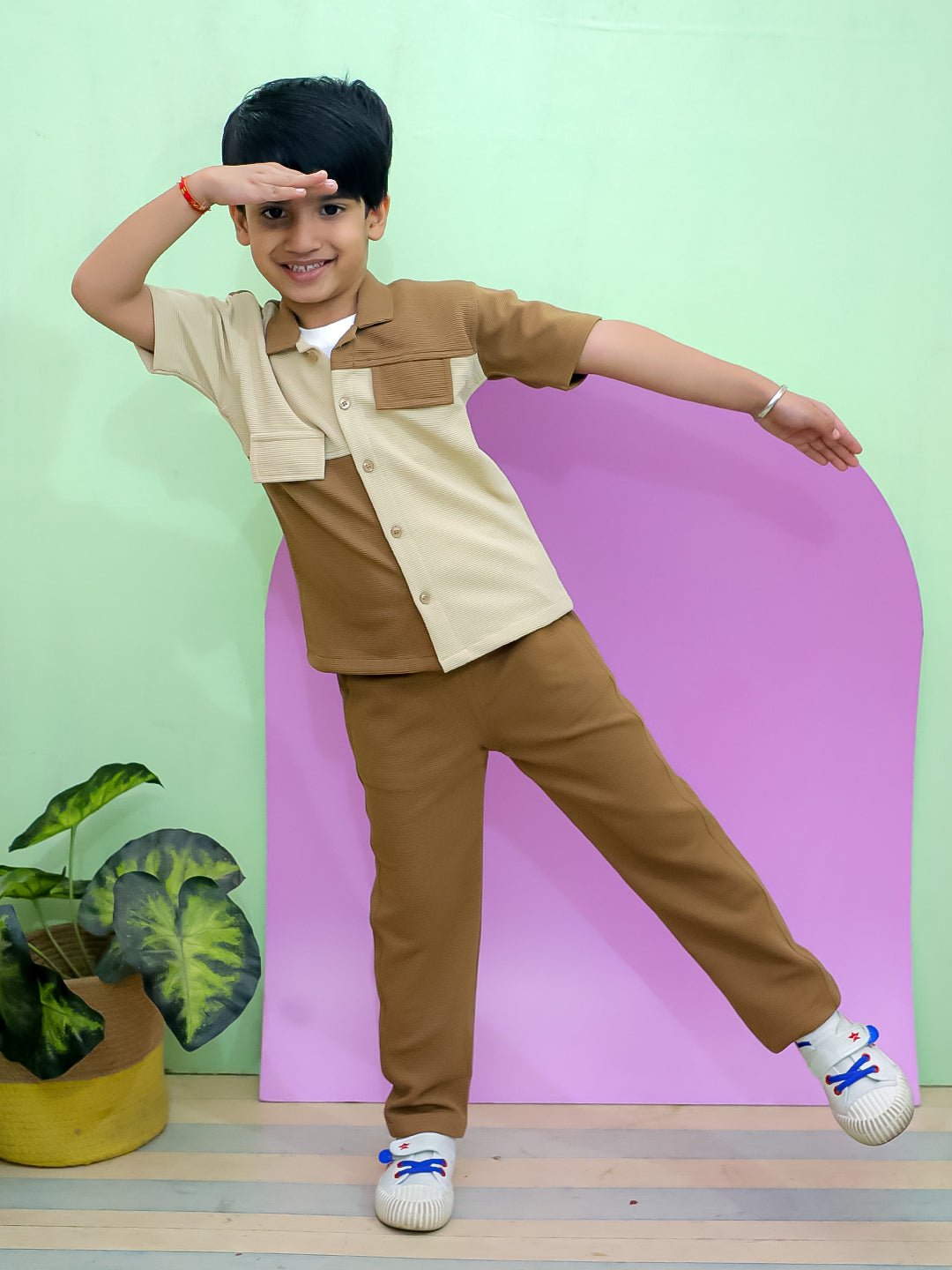 Block & Roll Colorblock Cotton Half Sleeve Shirt And Pants Set For Boys