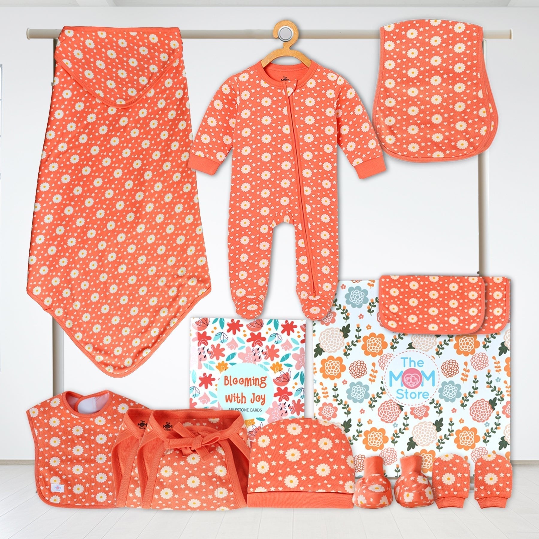 Blossom Bundle Newborn Baby Gift Box With Romper Hooded Blanket And Milestone Cards