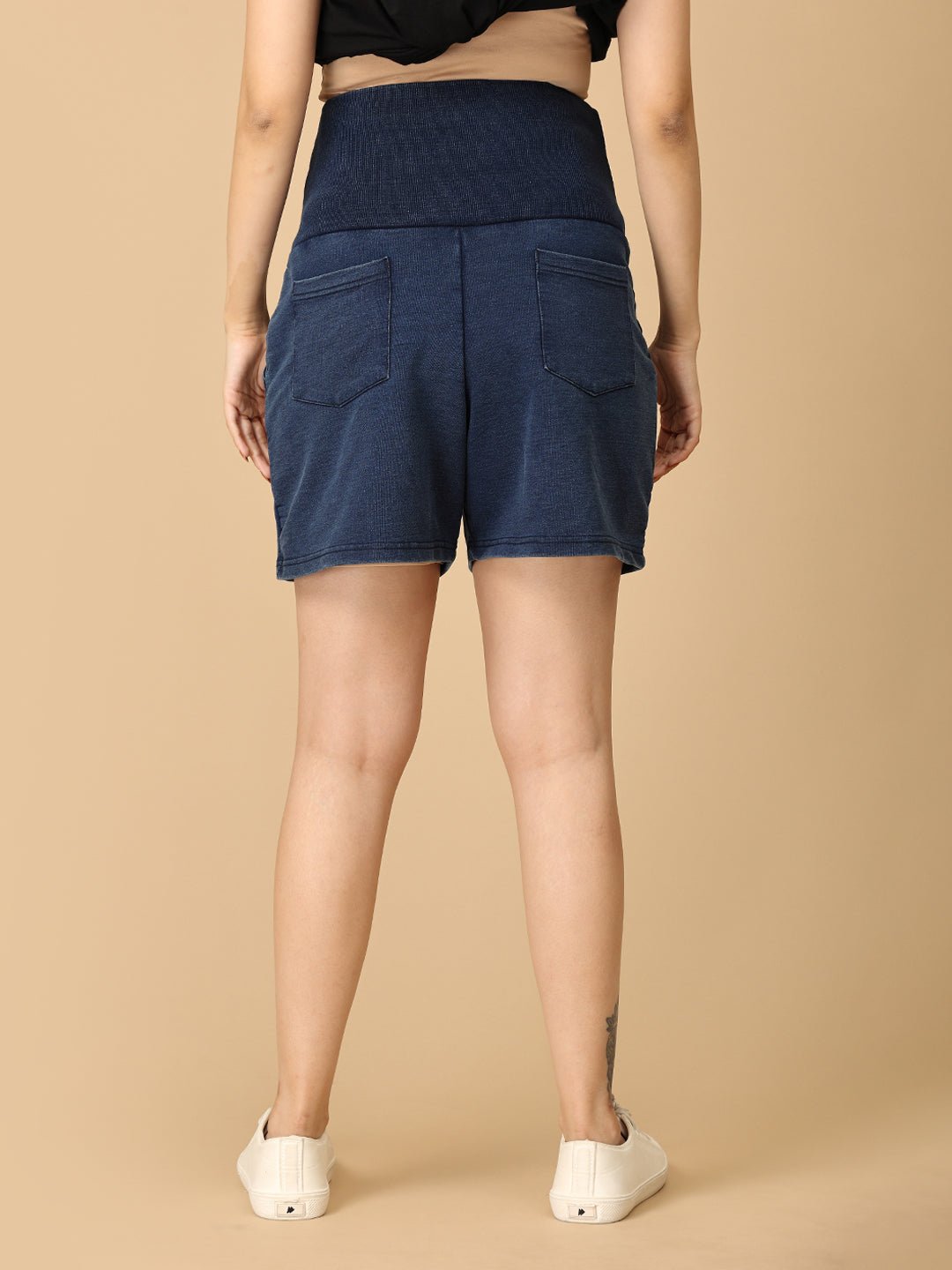 Knit Maternity Denim Shorts with Belly Support Dark Blue