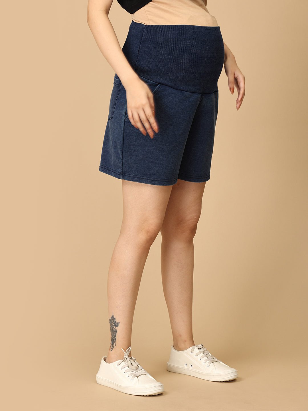 Knit Maternity Denim Shorts with Belly Support Dark Blue
