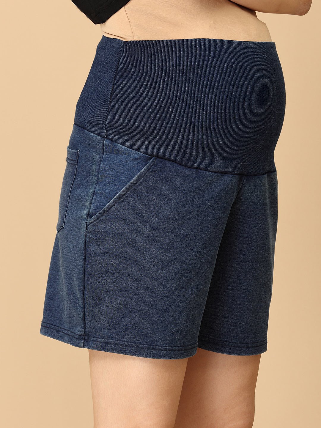 Knit Maternity Denim Shorts with Belly Support Dark Blue