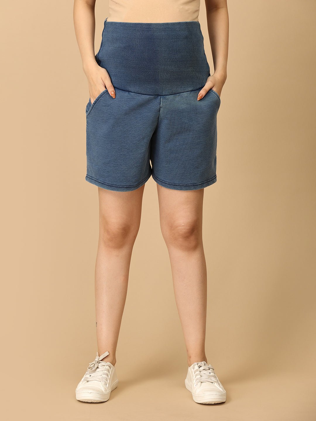 Knit Maternity Denim Shorts with Belly Support Light Blue