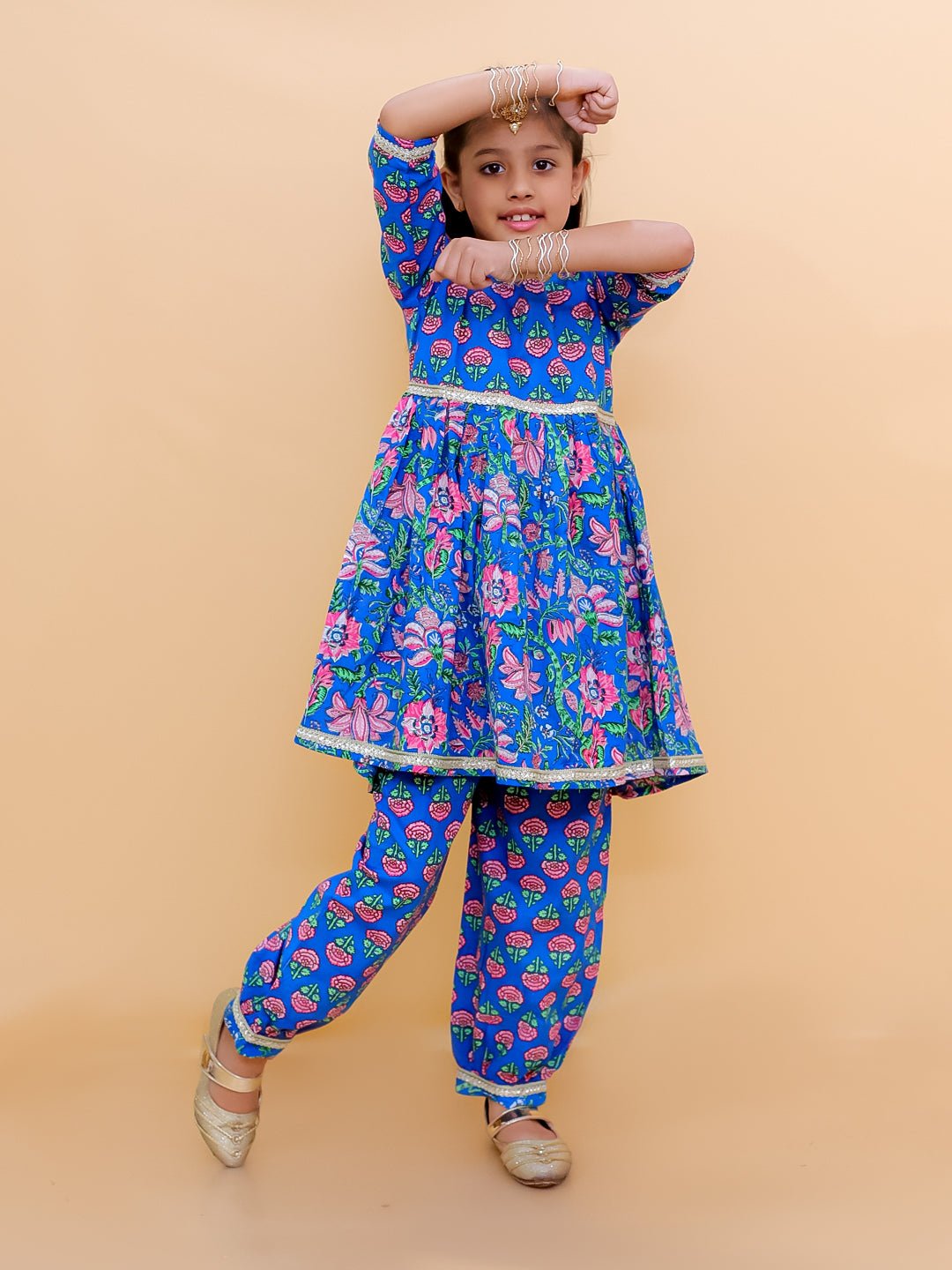 Blue Royale Floral Print Girls Kurta Set