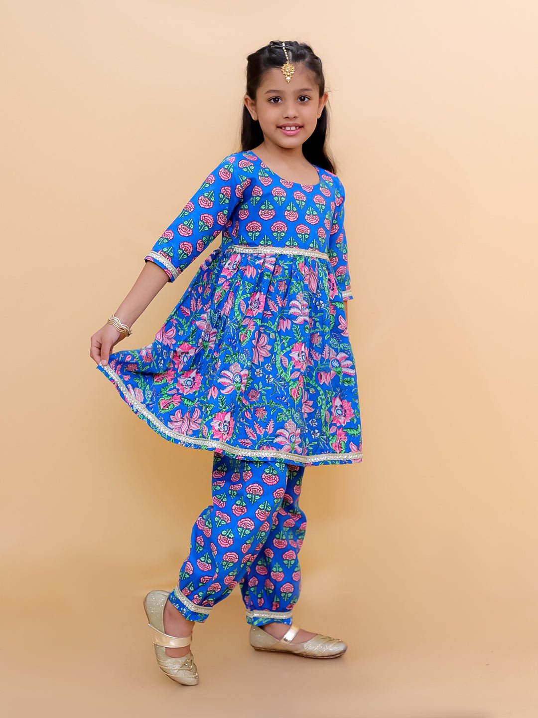 Blue Royale Floral Print Girls Kurta Set