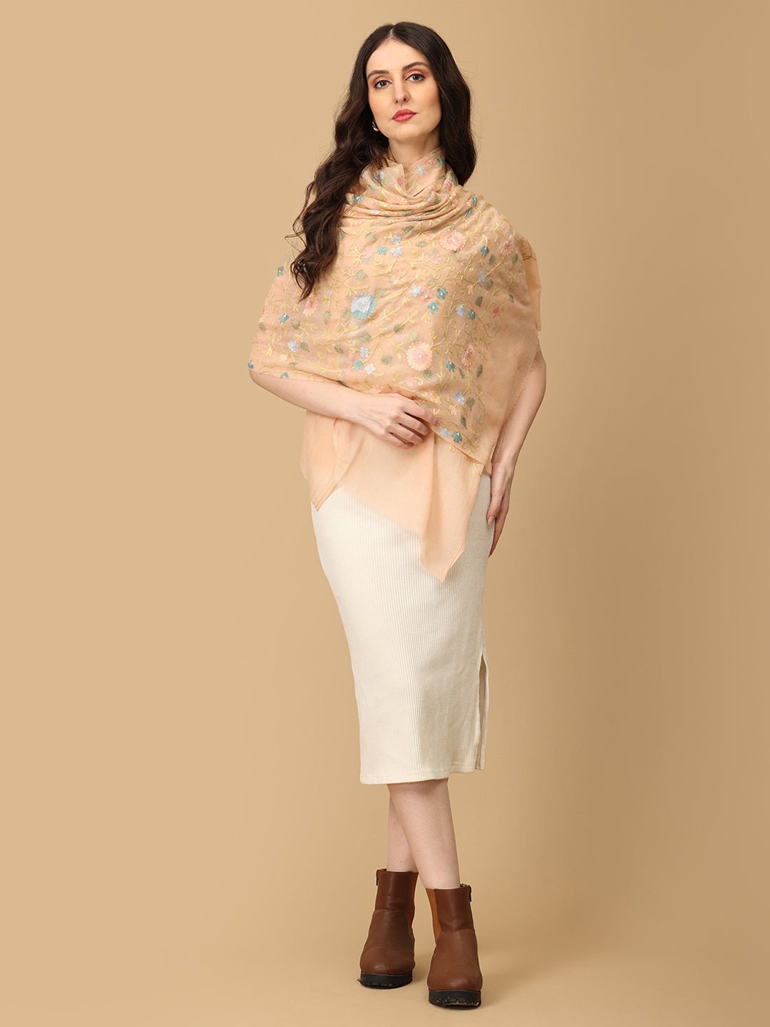 Blush Bouquet Fine Wool Embroidered Stole Peach