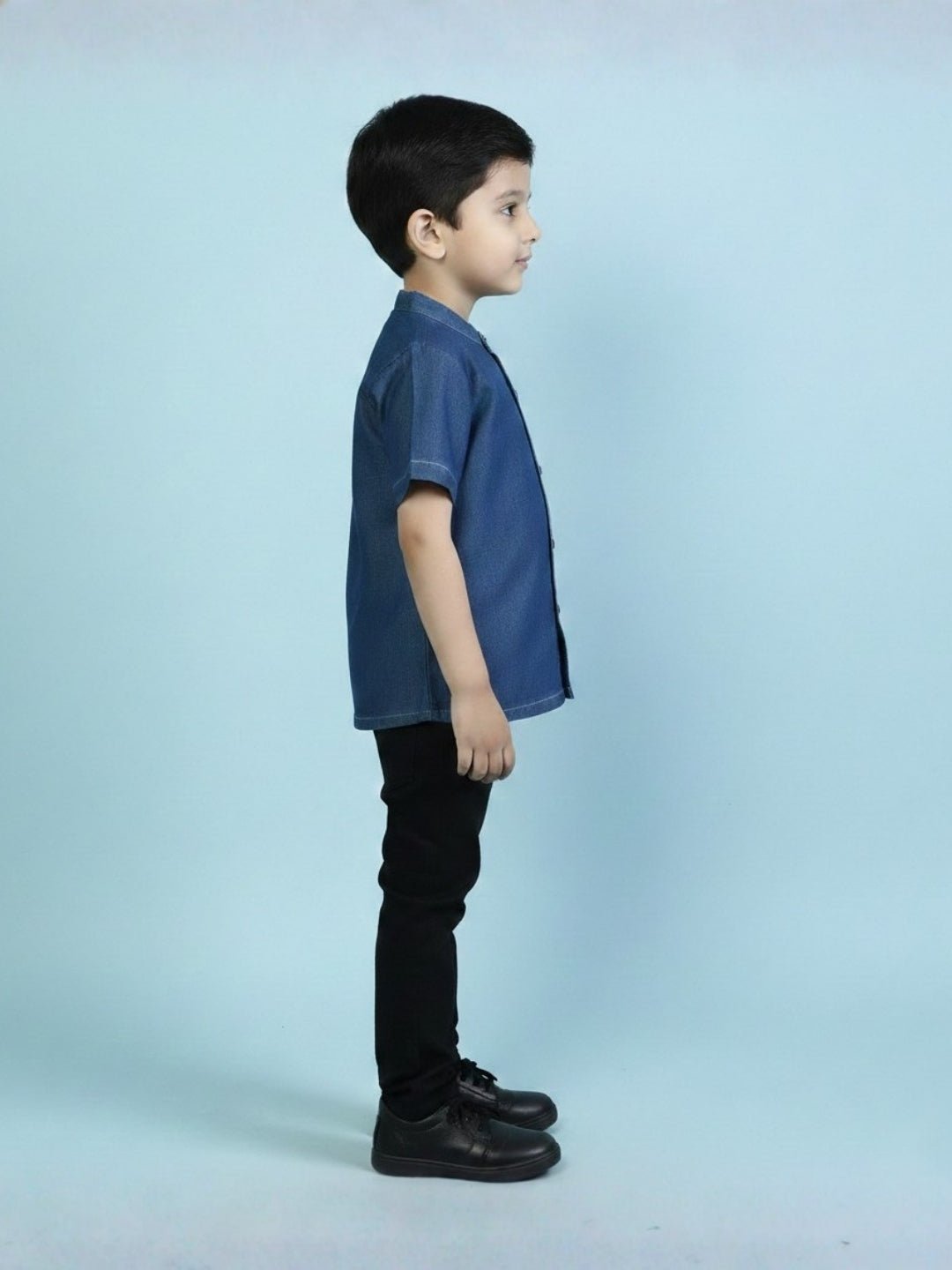 Dark Blue Boys Mandarin Collar Half Sleeve Chambray Shirt