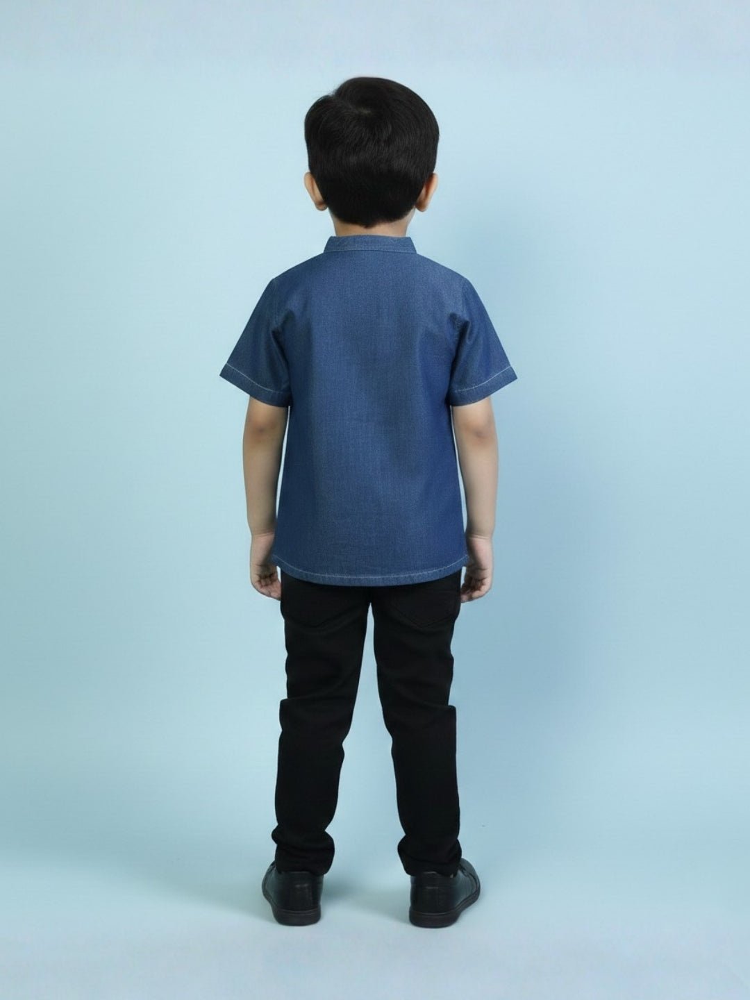 Dark Blue Boys Mandarin Collar Half Sleeve Chambray Shirt