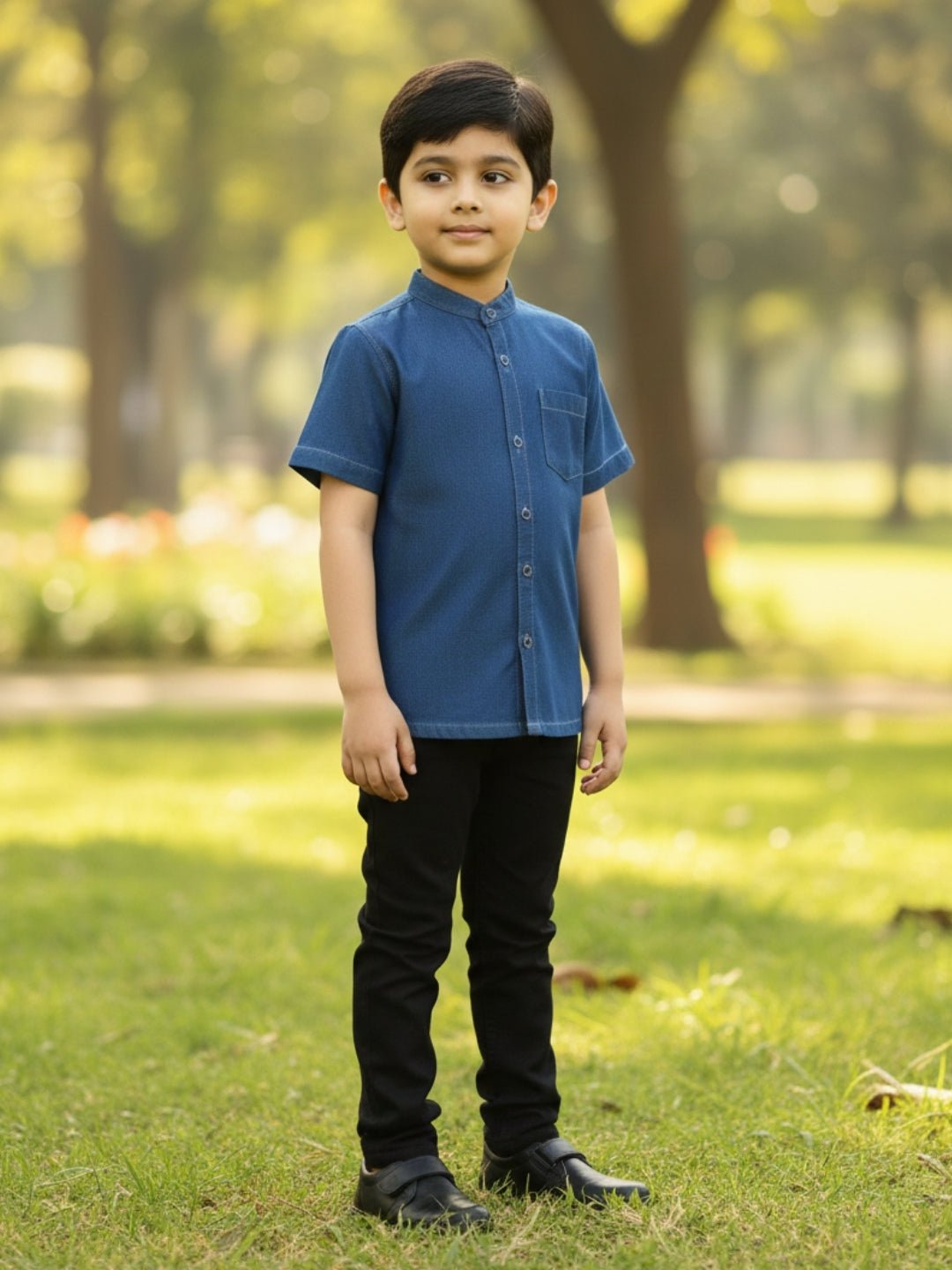 Dark Blue Boys Mandarin Collar Half Sleeve Chambray Shirt