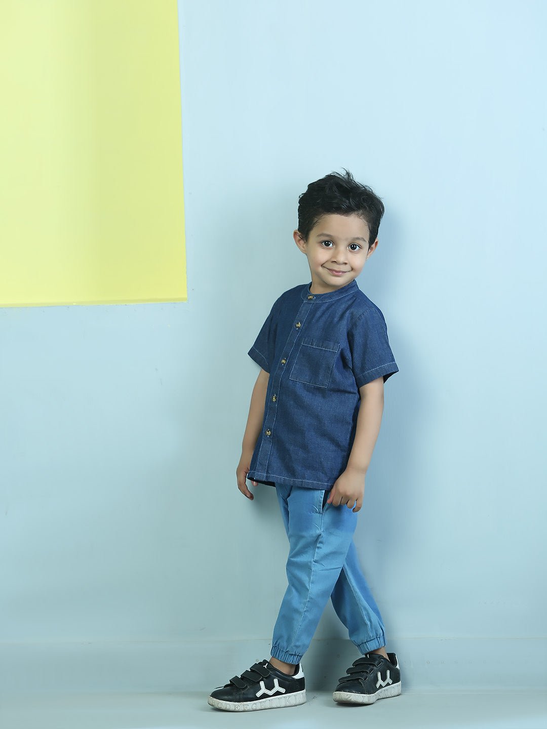 Dark Blue Boys Mandarin Collar Half Sleeve Chambray Shirt