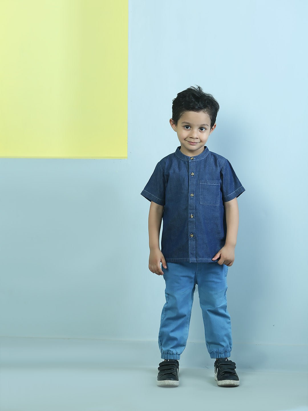 Dark Blue Boys Mandarin Collar Half Sleeve Chambray Shirt