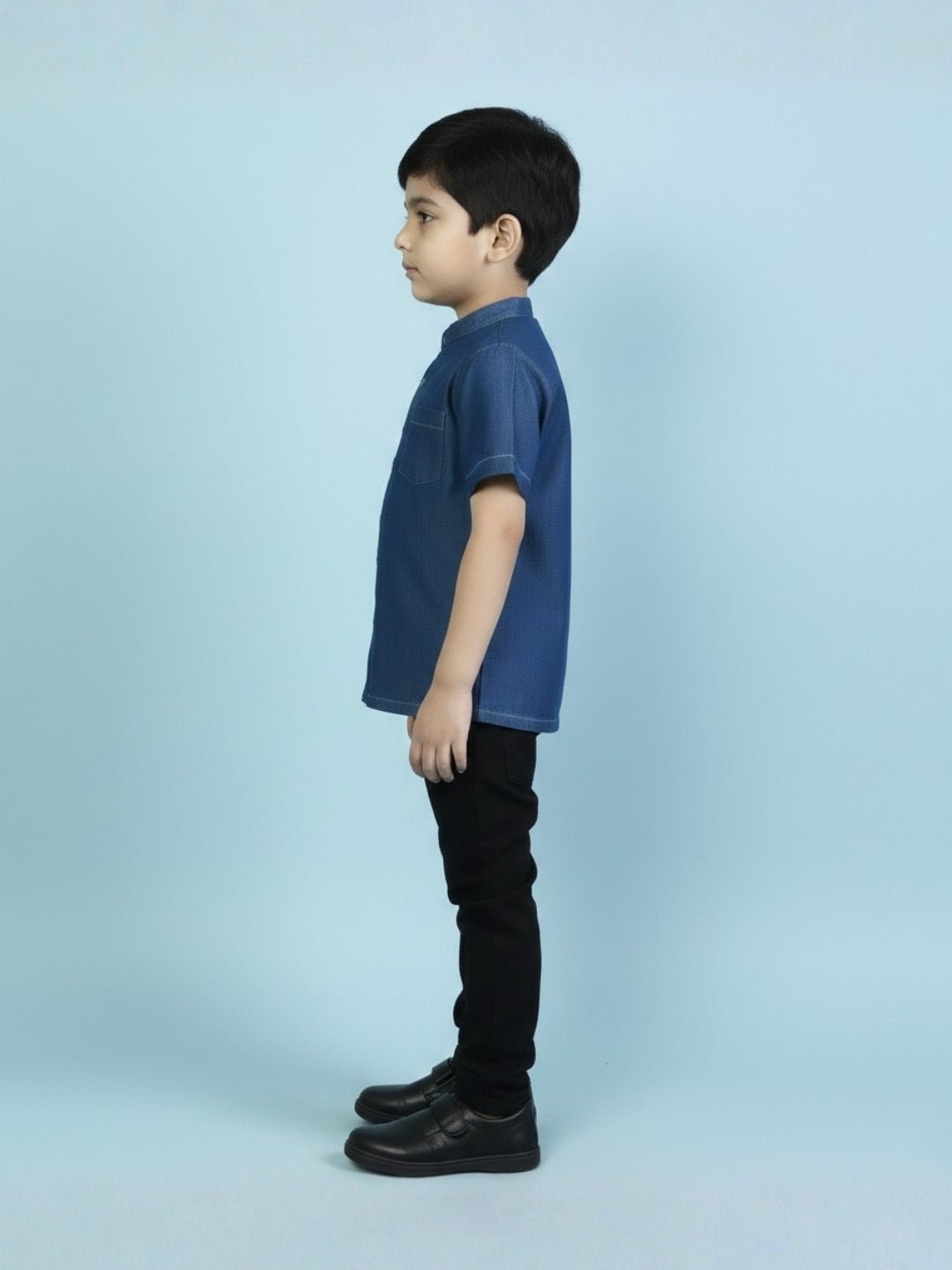 Dark Blue Boys Mandarin Collar Half Sleeve Chambray Shirt