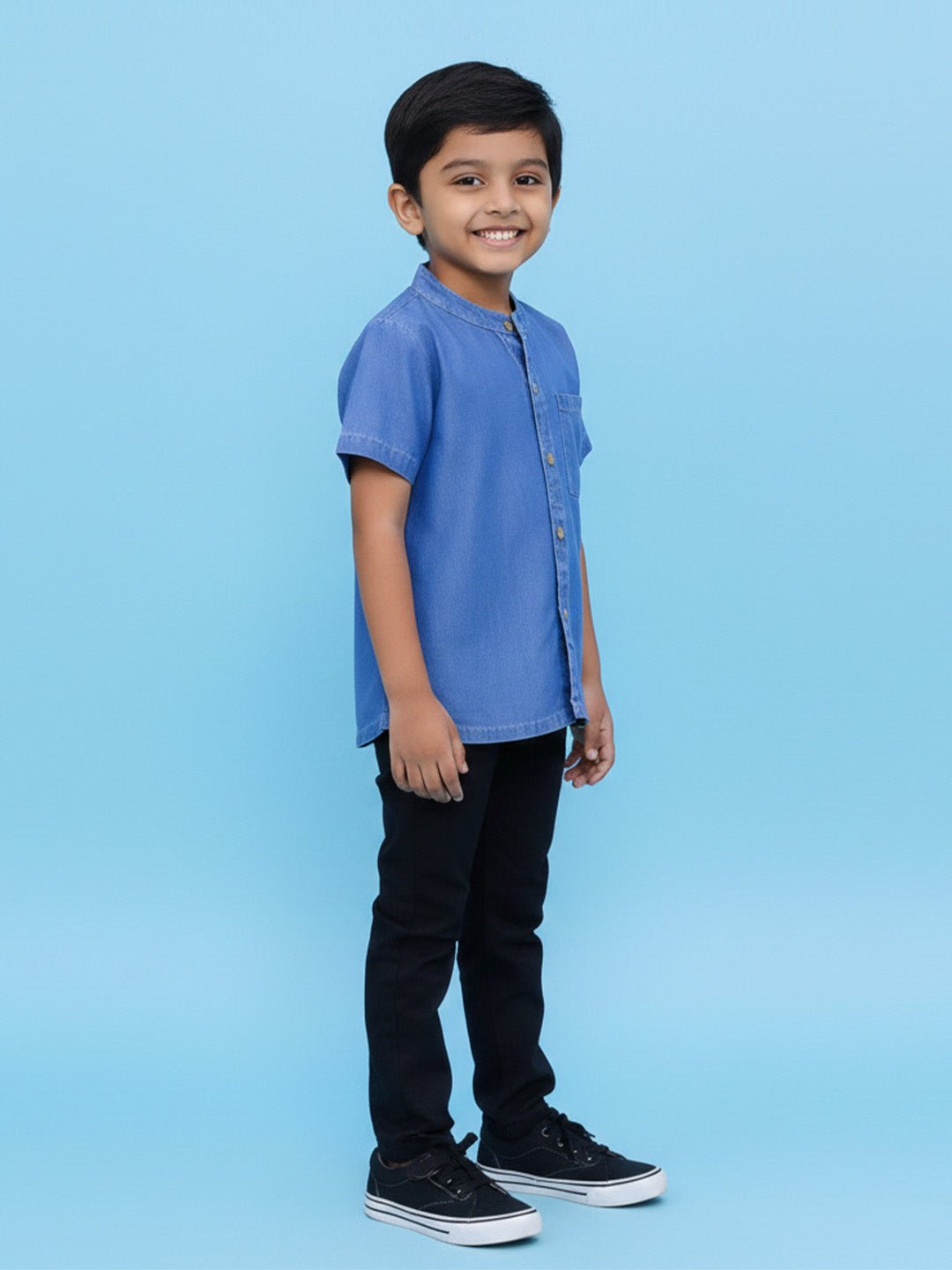 Light Blue Boys Chambray Mandarin Collar Shirt