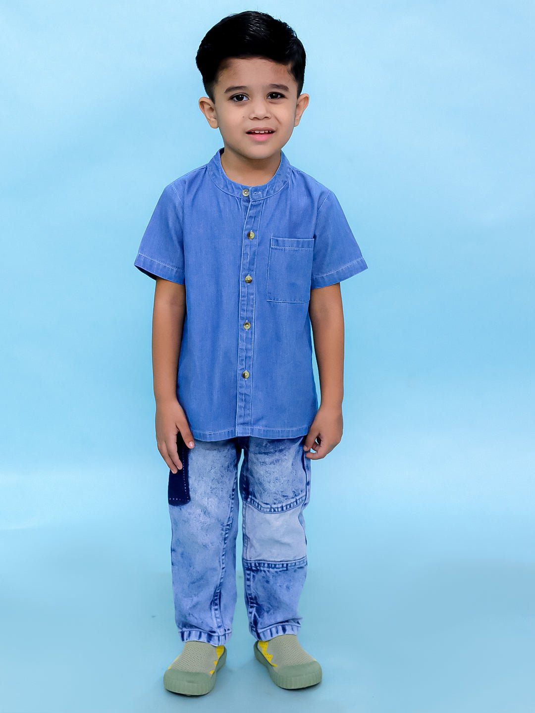 Light Blue Boys Chambray Mandarin Collar Shirt