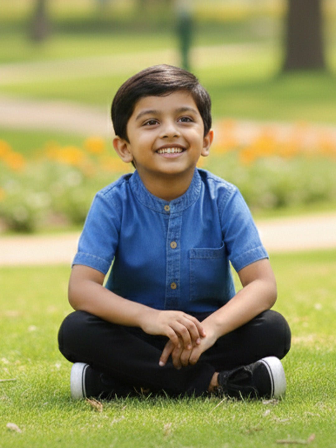 Light Blue Boys Chambray Mandarin Collar Shirt