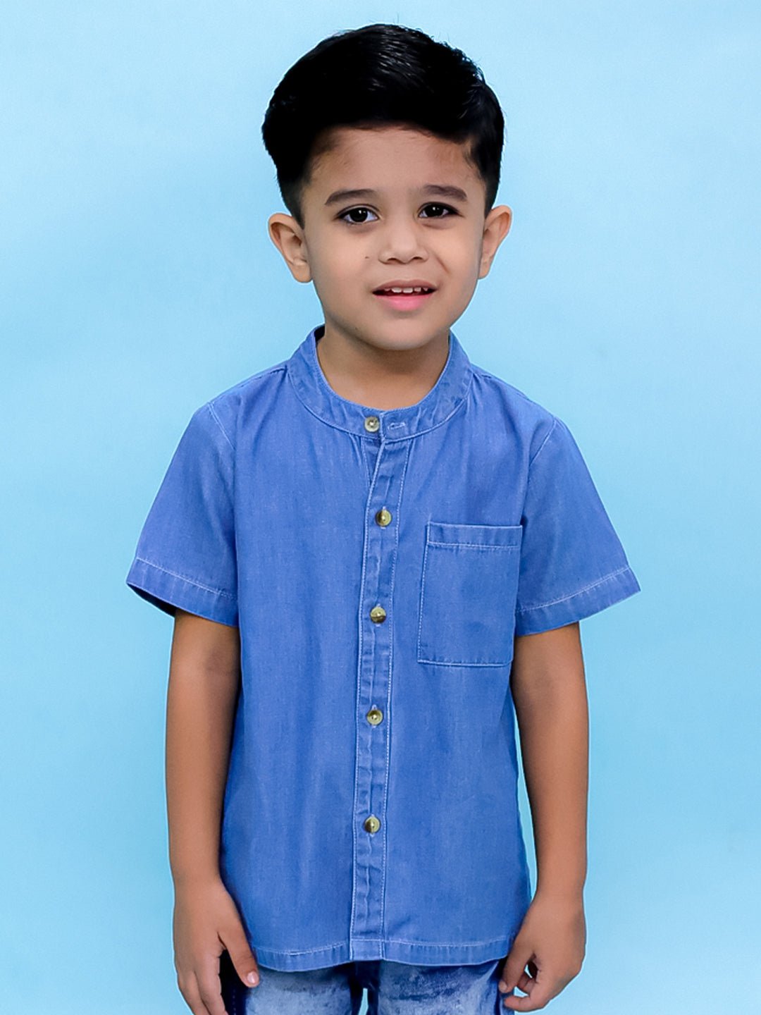 Light Blue Boys Chambray Mandarin Collar Shirt
