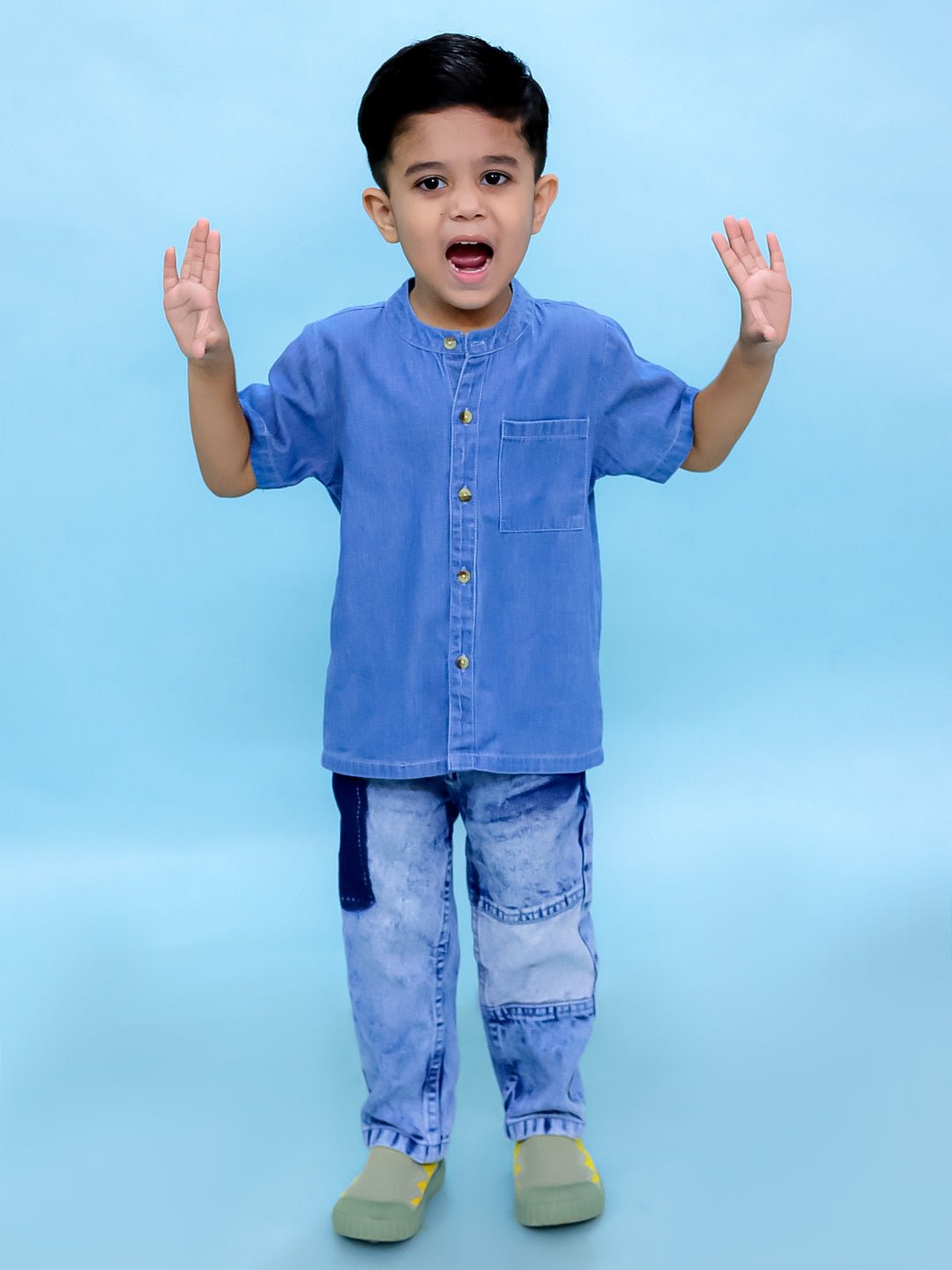 Light Blue Boys Chambray Mandarin Collar Shirt