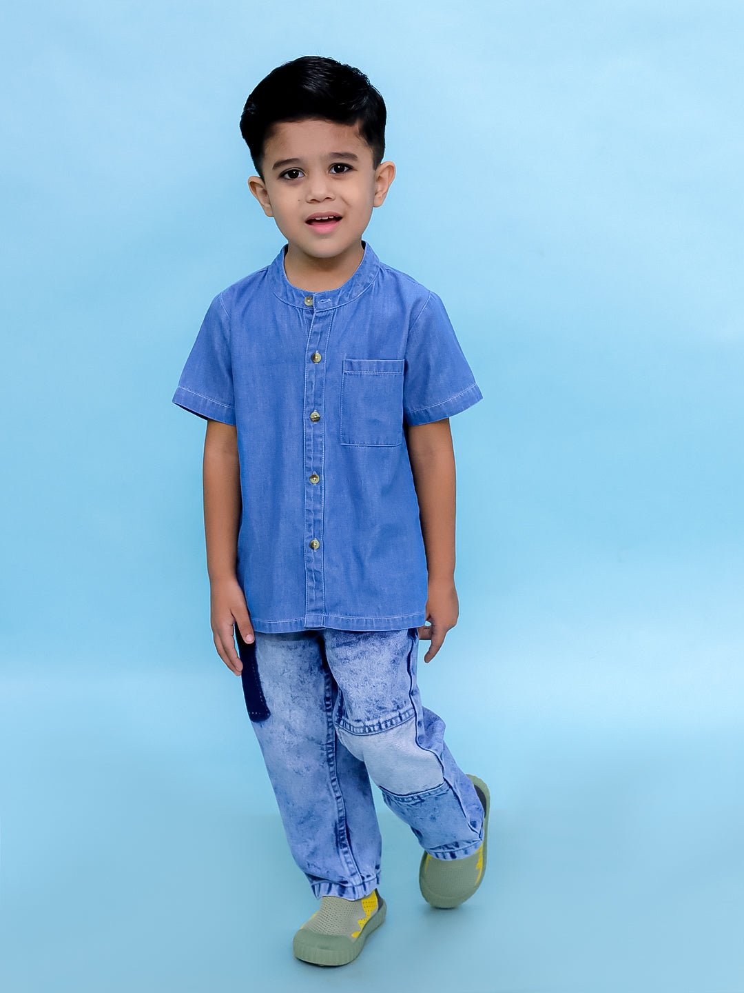 Light Blue Boys Chambray Mandarin Collar Shirt