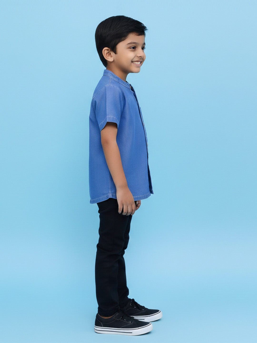 Light Blue Boys Chambray Mandarin Collar Shirt