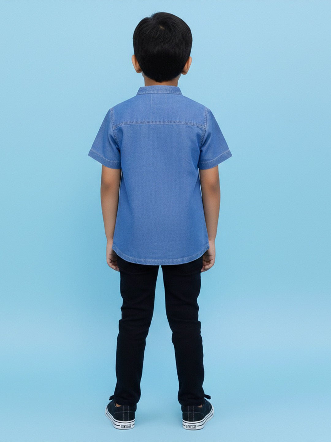 Light Blue Boys Chambray Mandarin Collar Shirt