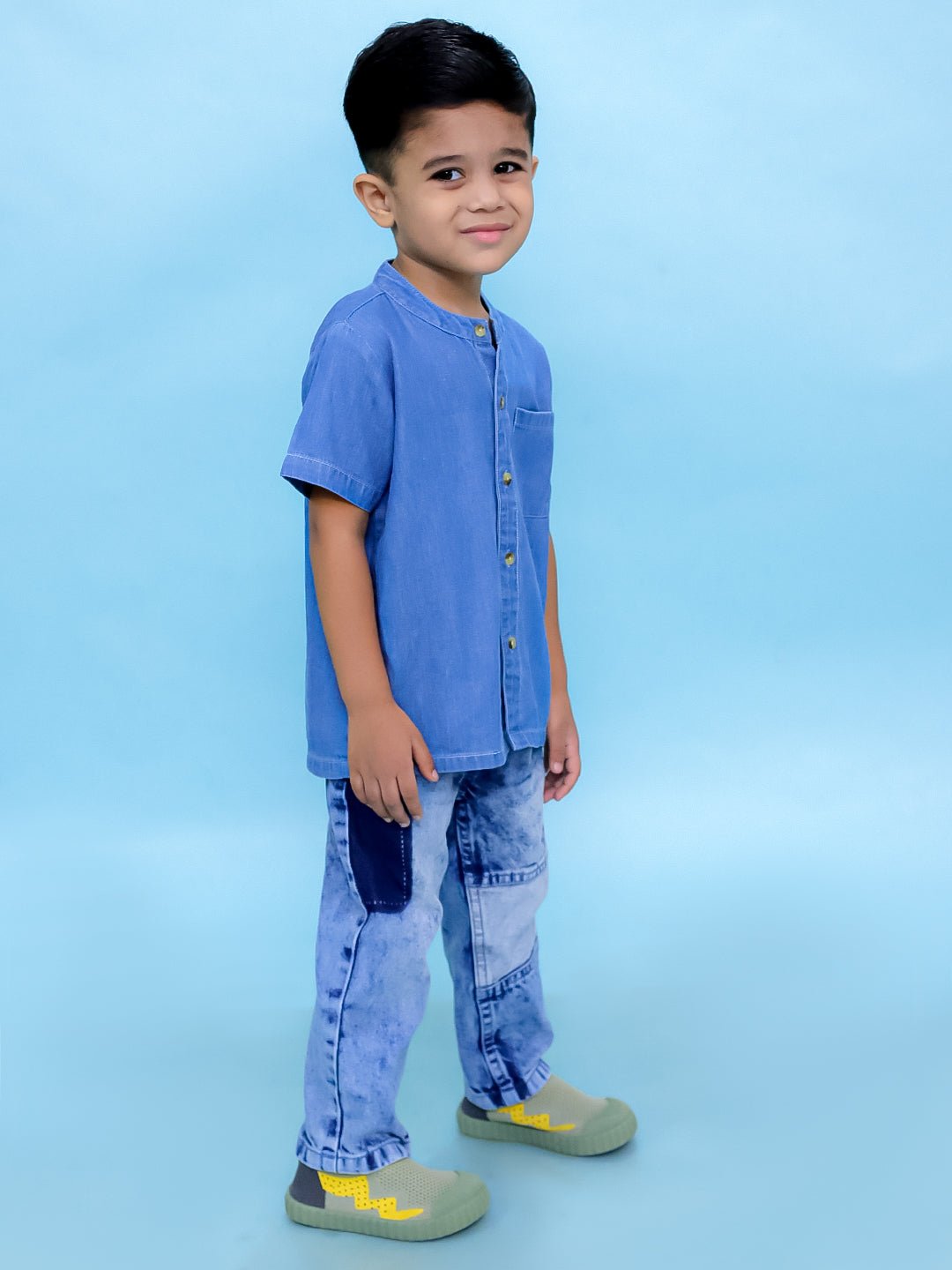Light Blue Boys Chambray Mandarin Collar Shirt