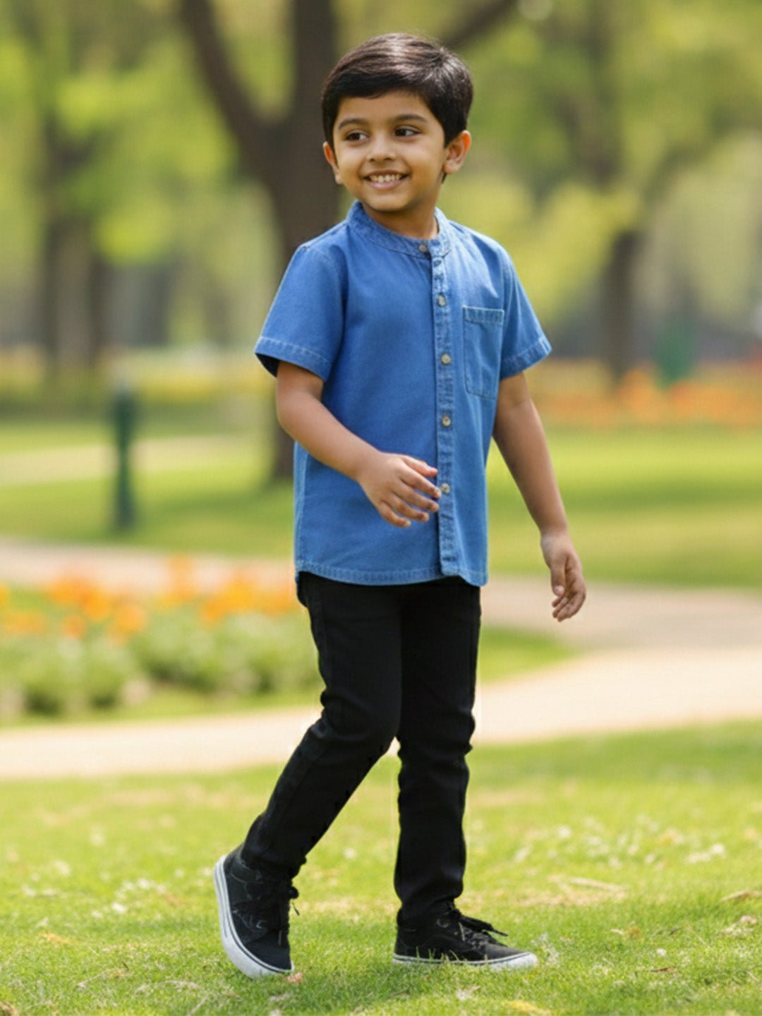 Light Blue Boys Chambray Mandarin Collar Shirt