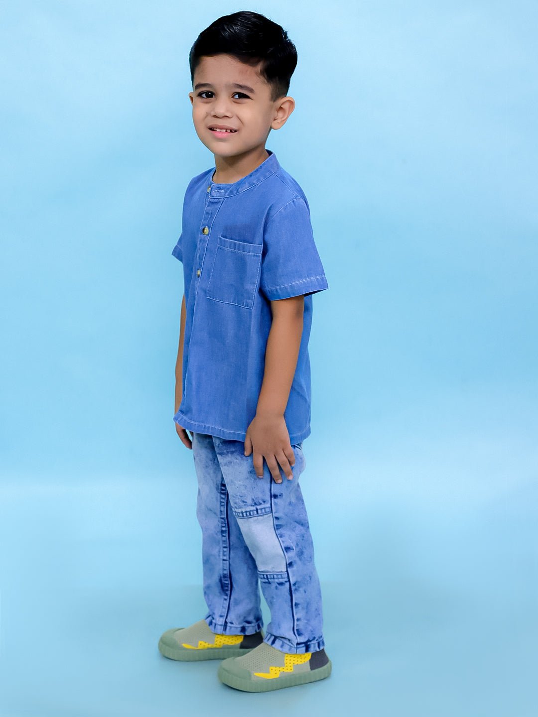 Light Blue Boys Chambray Mandarin Collar Shirt