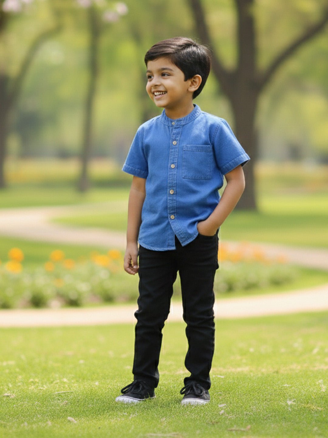 Light Blue Boys Chambray Mandarin Collar Shirt