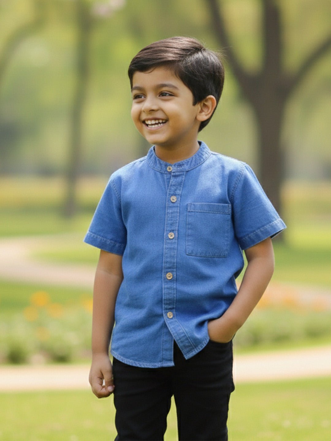Light Blue Boys Chambray Mandarin Collar Shirt