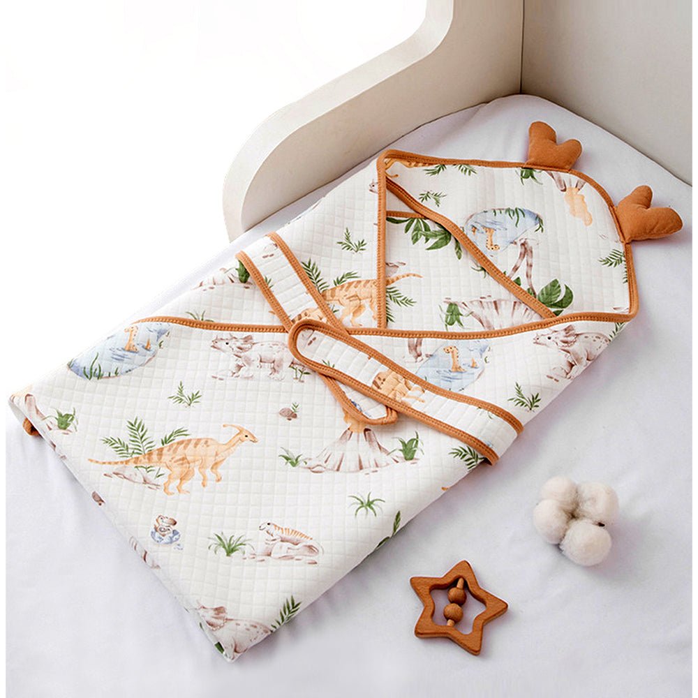 Brown Dino Island 1 PC Cotton Muslin Baby Blanket With 3D Ear Hood