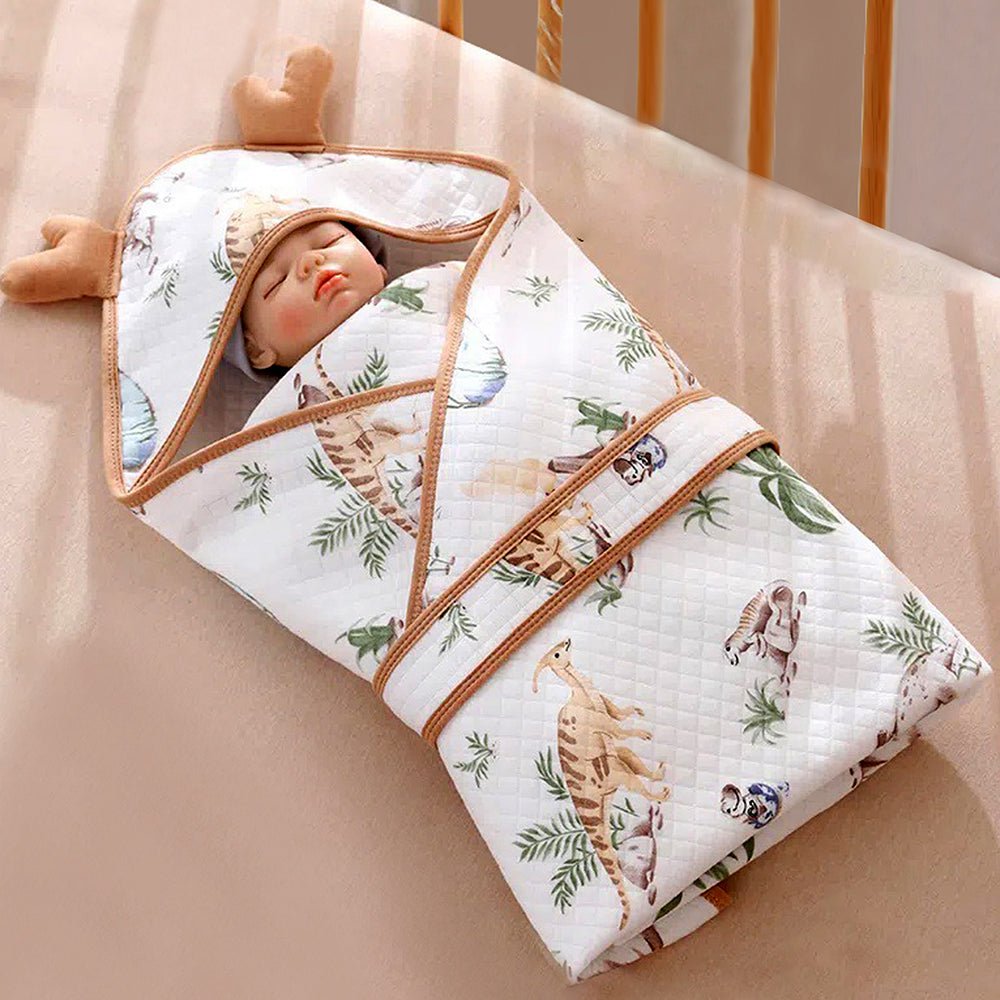 Brown Dino Island 1 PC Cotton Muslin Baby Blanket With 3D Ear Hood