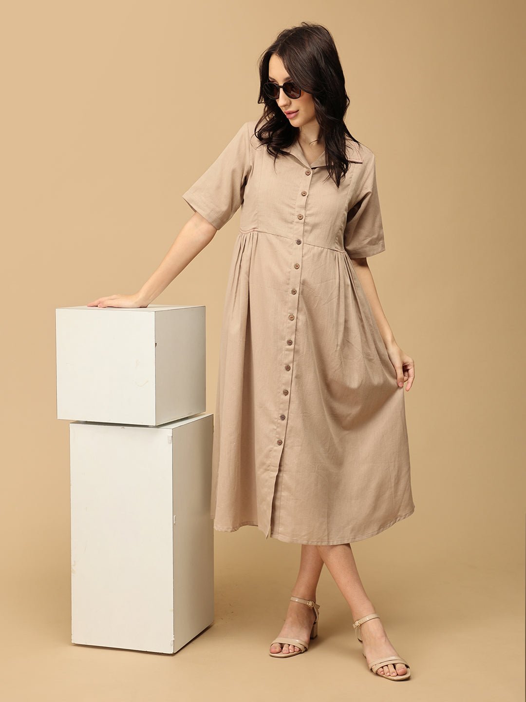 Chic Khadi Maternity and Nursing Dress Beige