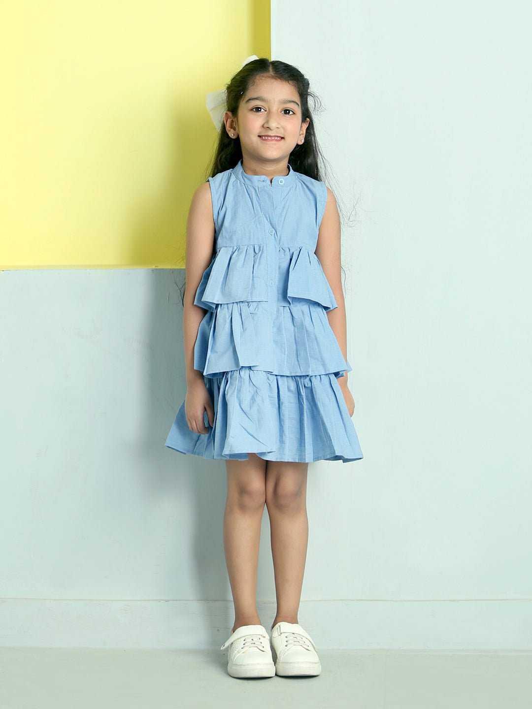 Chambray Blue Girls Sleeveless Tiered Cotton Casual Dress